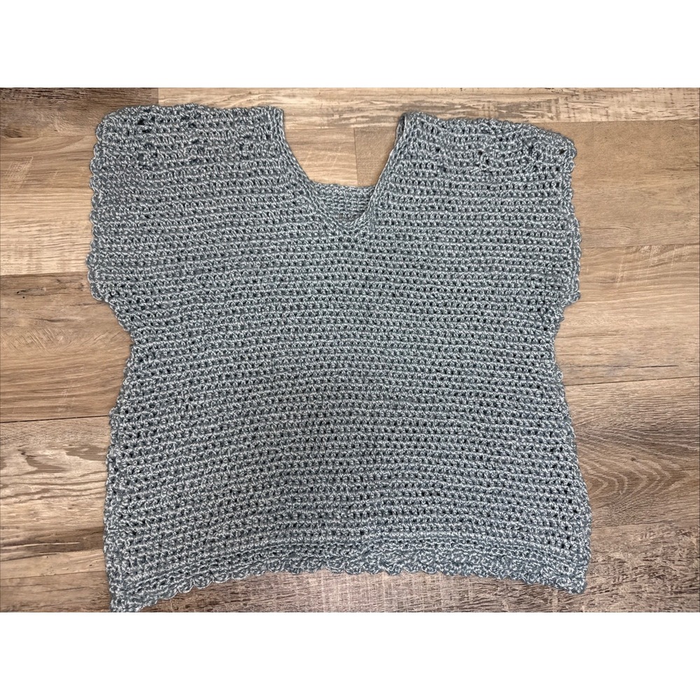Vtg Blue Chunky Hand Knit Short Sleeved Boho Cropped Sweater Top Handmade L